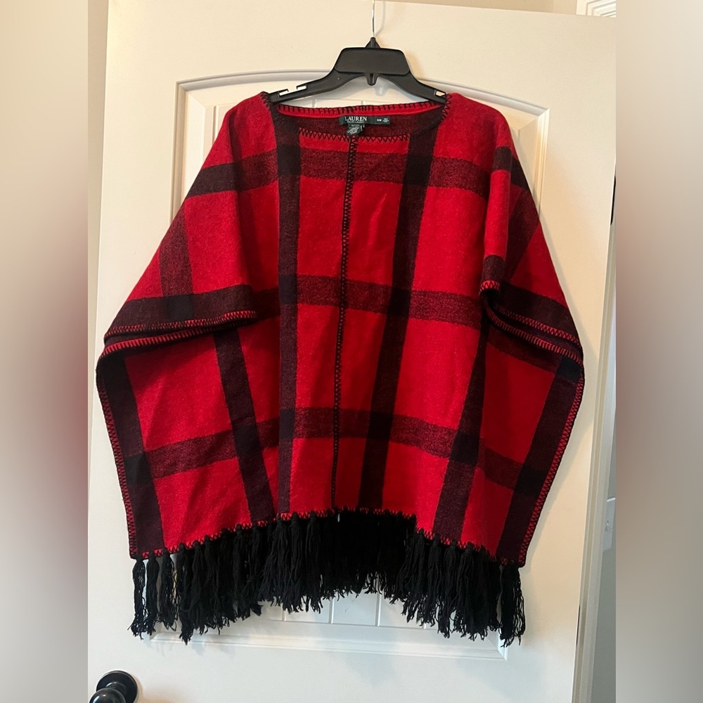 Vtg Ralph Lauren Country Wool Red Plaid Pop-over Cape Poncho Fringe Small/Medium - Picture 2 of 5